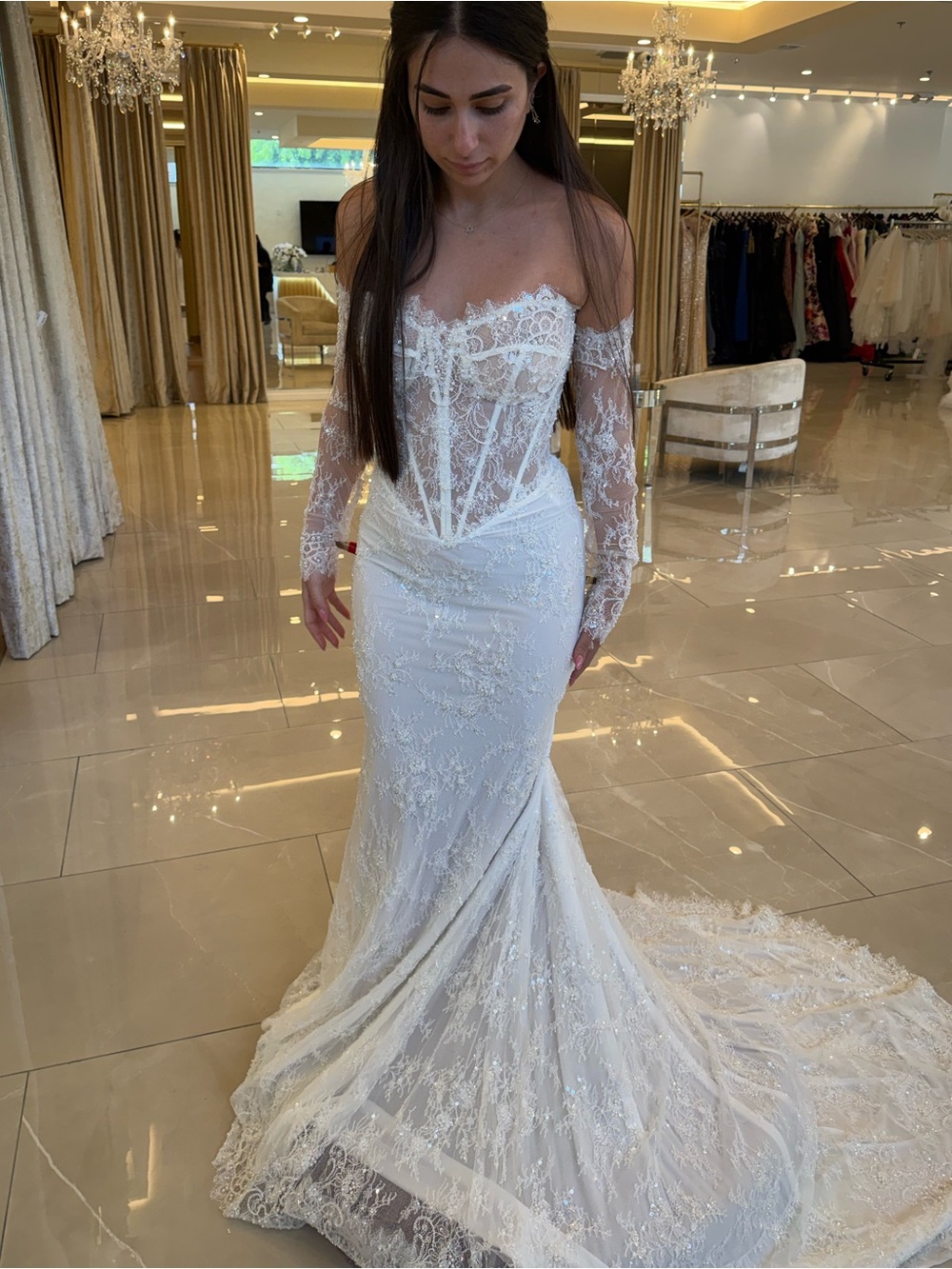 Estee Couture Beaded Lace Sheath Gown & Matching Viel